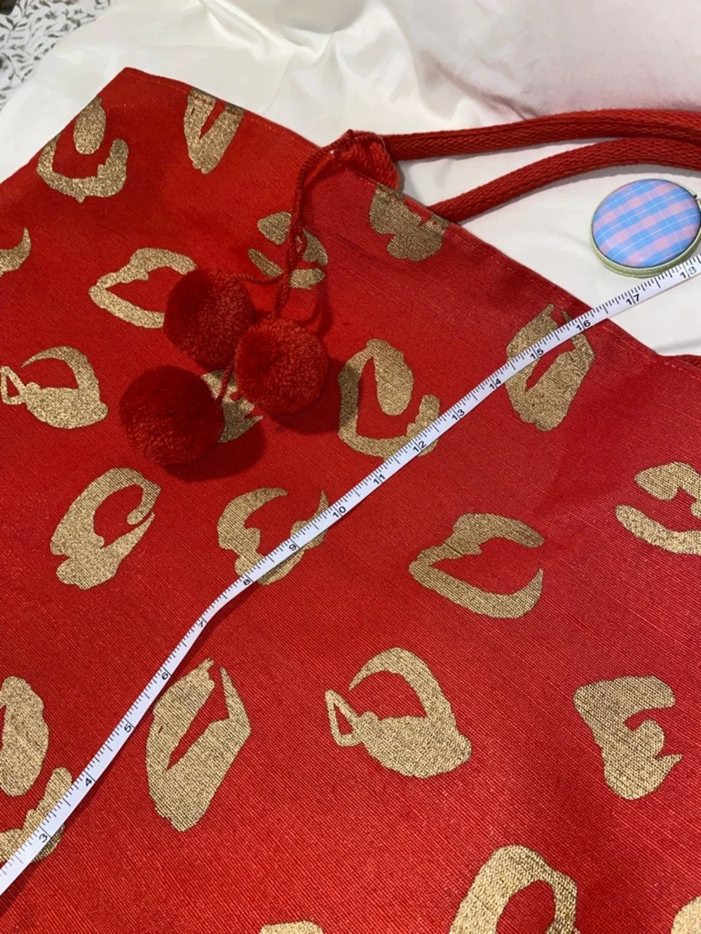 Mud Pie Large Red Tote/Small Bag Combo w/ Gold Leopard Print and Pom-Pom Accents